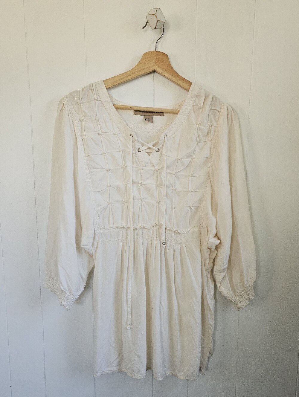 Cream Lace-Up Pintuck Peasant Tunic Top
